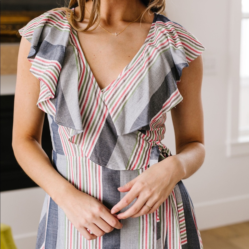 FINAL SALE❗️Striped Delight Ruffled Wrap Dress - Picture 2 of 8